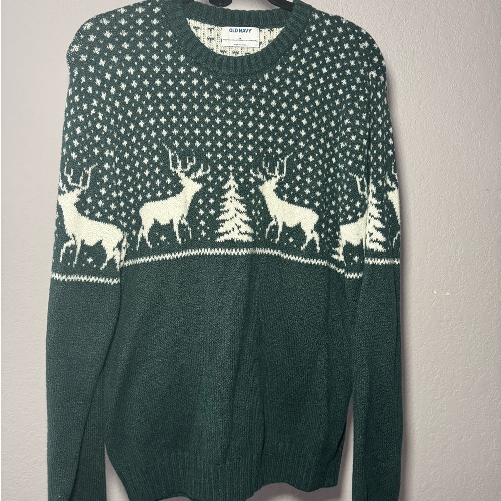 Old Navy Green and White Crew Neck Sweater with Nordic Design